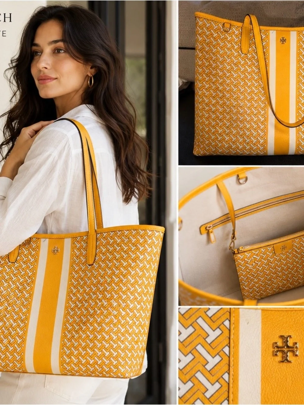 Tory Burch Gemini Link Canvas Tote  Yellow and White Striped